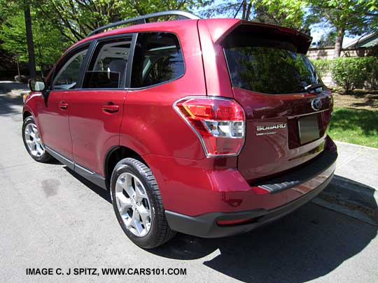 rear view 2015 Forester Touring with the new high luster 18" alloy and lower rocker panel chrome strip