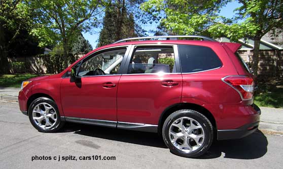 side view 2015 Forester Touring with the new high luster 18" alloy and lower rocker panel chrome strip