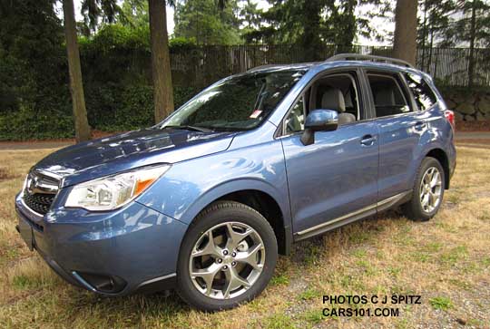 quartz blue 2015 Forester 2.5 Touring with new 18" silver alloy wheels and chrome rocker panel trim