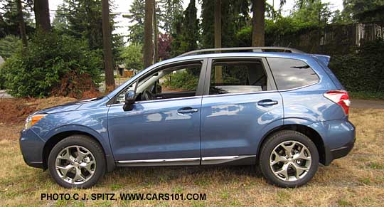 side view quartz blue 2015 Forester 2.5 Touring with new 18" silver alloy wheels and chrome rocker panel trim