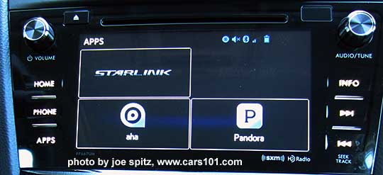 2016 Forester 7" audio system apps screen with Pandora, Aha, and Subaru Starlink (android, iphone)