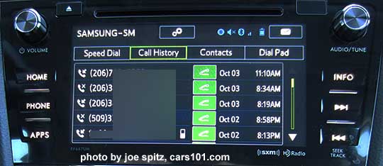 2016 Forester 7" audio system shown at cell phone call history screen