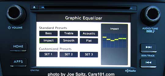 2016 Subaru Forester 2.5i model's 6.2" audio system at the audio tone bass, midrange, treble graphic equalizer screen