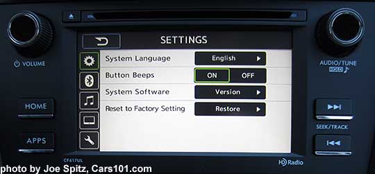 2016 Subaru Forester 2.5i model's 6.2" audio system at the main setup and adjustment screen