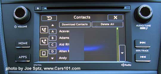 2016 Subaru Forester 2.5i model's 6.2" audio system showing the downloaded cell phone phonebook contact lists
