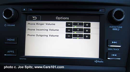 2016 Subaru Forester 2.5i model's 6.2" audio system at the cell phone volume and ringer adjustment screen