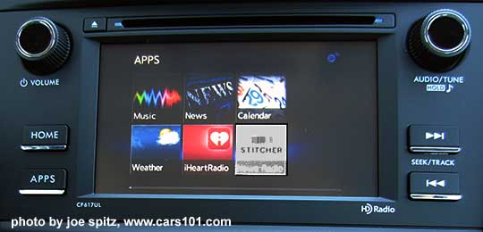 2016 Subaru Forester 2.5i model's 6.2" audio system at the Starlink app screen with Stitcher, iheart radio, weather, calendar, news and music player