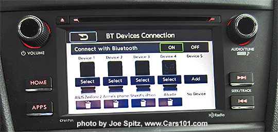 2016 Subaru Forester 2.5 model 6.2 audio screen showing paired cell phones