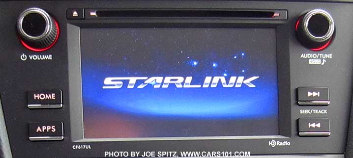 Subaru Starlink app logo comes on at start up. The app has free weather reports, news, music. 6.2" system shown. Android, iPhone