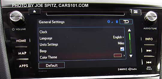 general settings screen on the 2016 Forester 7" audio system on 2.5 Premium, Limited, Touring, 2.0XT Premium, 2.0XT Touring models