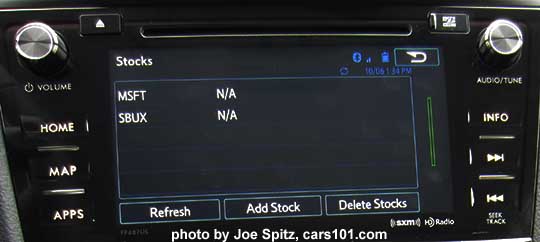 SiriusXM Travel Link shown at stock reports screen. Travel Link is on the 7" audio system and is free for 3 years