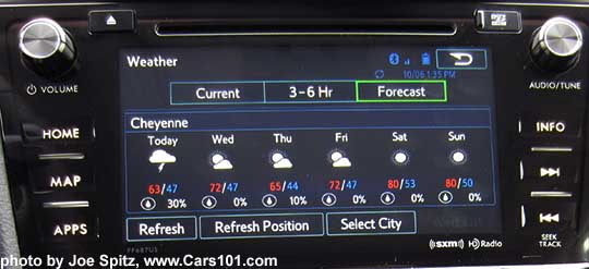 SiriusXM Travel Link shown at weather screen. Travel Link is on the 7" audio system and is free for 3 years