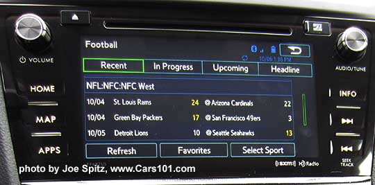 SiriusXM Travel Link shown at the sports teams screen. Travel Link is on the Subaru Forester 7" audio system and is free for 3 years