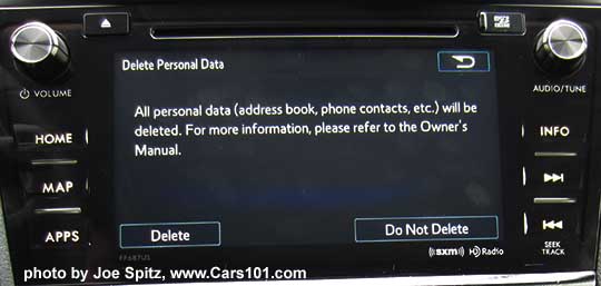 delete all personal data screen on the 2016 Forester 7" audio system on 2.5 Premium, Limited, Touring, 2.0XT Premium, 2.0XT Touring models