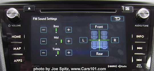 2016 Forester Touring  with Harman Kardon system tuning screen with bass, midrange, and treble tone adjustments