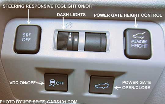 captioned 2016 Subaru Forester driver controls by driver's left knee. Limited/Touring shown with optional SRF Steering Responsive Fog light button