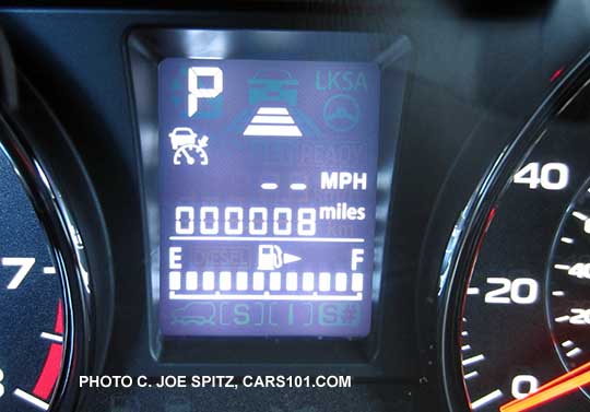 2016 Forester instrument panel center LCD with Eyesight cruise control turned on, showing 3 bars of following distance