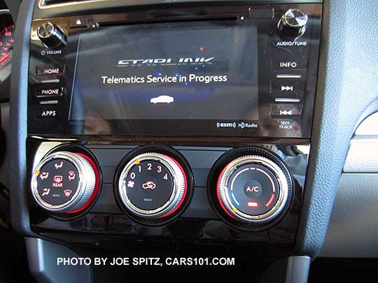 Using the 2016 Subaru Forester's Starlink Connected Services Overhead Call Buttons for emergency roadside assistance and vehicle monitoring. Forester Premium, Limited, and Touring. Premium shown. Telematics call in progress