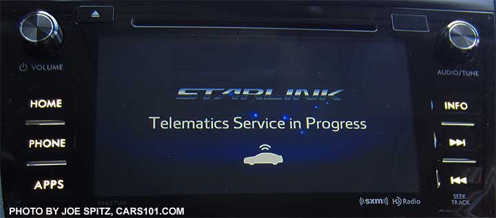 Using the 2016 Subaru Forester's Starlink Connected Services Overhead Call Buttons for emergency roadside assistance and vehicle monitoring. On  Premium, Limited, and Touring. Telematics Call In Progress screen