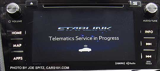 Using the 2016 Subaru Forester's Starlink Connected Services Overhead Call Buttons for emergency roadside assistance and vehicle monitoring. Forester Premium, Limited, and Touring models. Telematics Call In Progress screen shown.