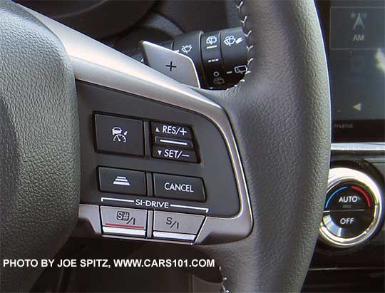 2016 Subaru Forester 2.0 XT Touring steering wheel with Paddle Shifters, Si Drive, Eyesight cruise control buttons. Leather wrapped, silver stitching