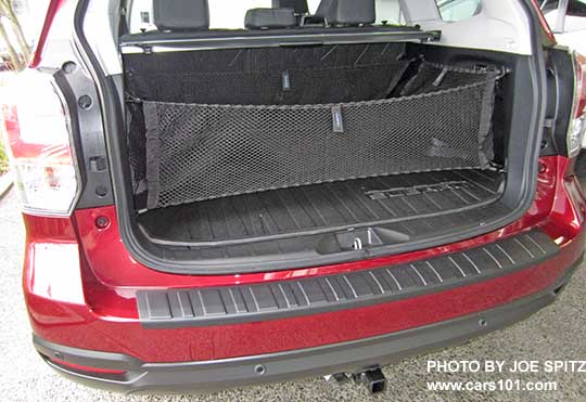 2018 and 2017 Subaru Forester optional cargo nets- by seatback, by gate, and the 2 small side nets. Also showing optional rear bumper cover, trailer hitch