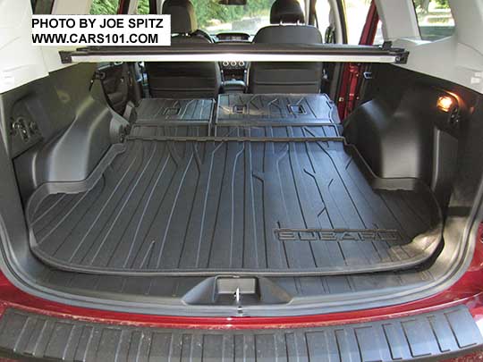 2018 and 2017 Subaru Forester cargo area with rear bumper cover, cargo tray, rear seatback protector, cargo cover