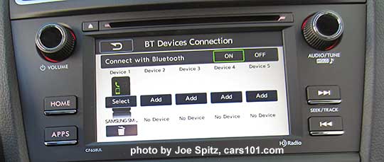 2018 and 2017 Subaru Forester 2.5i base model 6.2" audio screen showing cell phone devices (up to 5)  connection screen