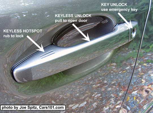 diagrammed 2017 Sepia Bronze Subaru Forester outside front door handle with lock/unlock rub hotspot, door key cylinder