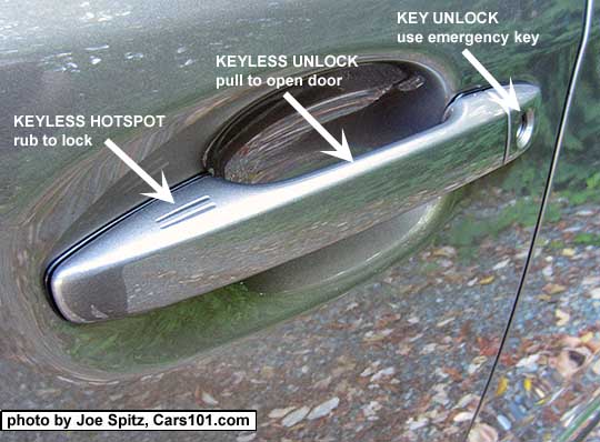 diagrammed 2018 and
                  2017 Sepia Bronze Subaru Forester outside front door
                  handle with lock/unlock rub hotspot, door key
                  cylinder