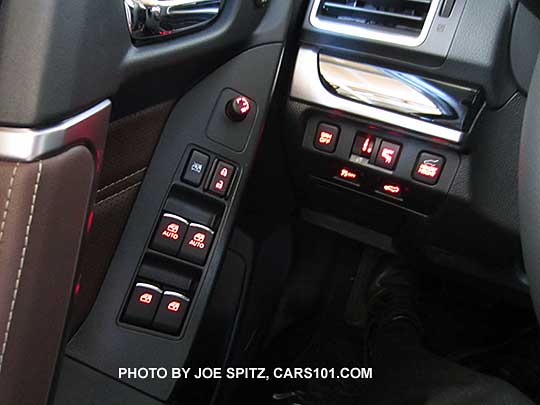 2017 Subaru Forester illuminated door power window and lock switches. Touring model with saddle brown leatherette door trim shown