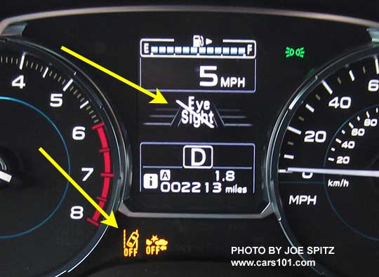 see yellow arrows.
                2018 and 2017 Subaru Outback instrument panel showing
                Eyesight OFF.