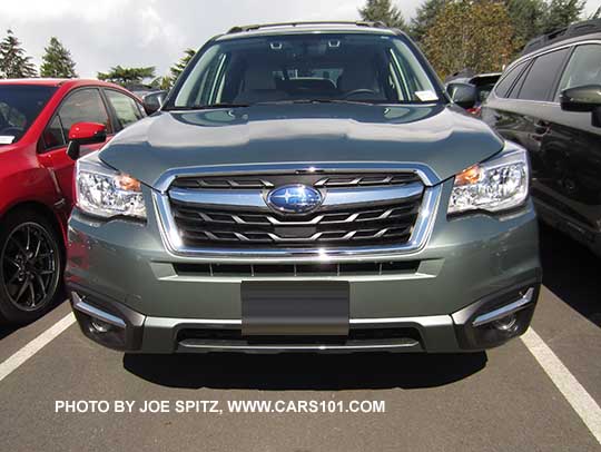 2018 and 2017 jasmine green Forester Limited front grill with chrome strip and Subaru logo