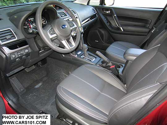 2018 and 2017 Subaru Forester Touring black leather trimmed interior with piano gloss black dash and shift trim, and leather console trim