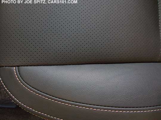 closeup of the 2018 and 2017 Subaru Forester perforated black leather interior, silver stitching