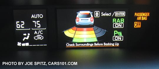2017 Subaru Forester Reverse Auto Brake RAB screen on upper console
