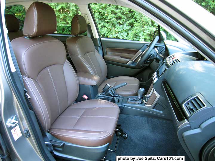 2018 and 2017 Subaru Forester 2.5i and 2.0XT Touring saddle brown leather interior with gloss piano black dash trim. XT shown.