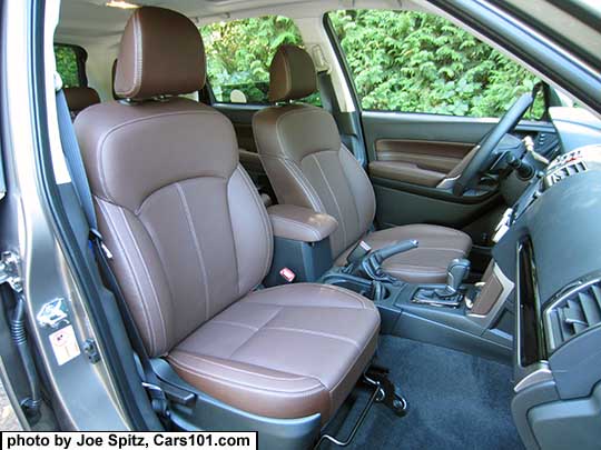 2018 and 2017 Subaru Forester Touring saddle brown leather trimmed interior with piano gloss black dash and shift trim, and leather console trim