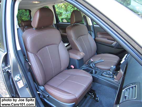 2017 Subaru Forester Touring 2.5 and 2.0XT saddle brown leather trimmed interior with piano gloss black dash and shift trim, and leather console trim