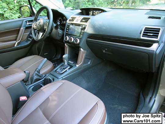 2017 Subaru Forester 2.5 and 2.0XT Touring saddle brown leather trimmed interior with piano gloss black dash and shift trim, and leather console trim