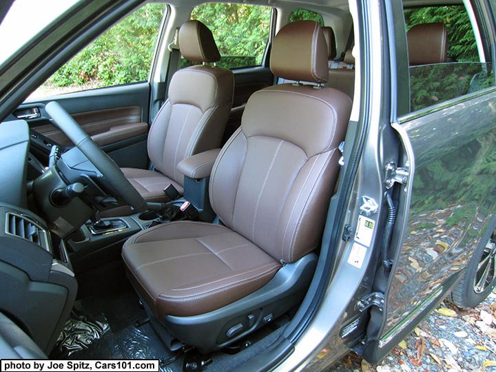 2018 and 2017 Subaru Forester saddle brown perforated leather trimmed front seats. Dark gray car shown.