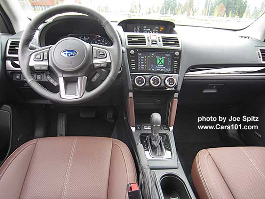 2018 and 2017 Subaru Forester 2.5i and 2.0XT Touring saddle brown perforated leather front seats and leather center console trim, and black shift and dash trim