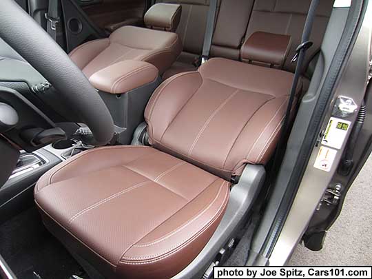 2018 and 2017 Subaru Forester front seats all the way reclined as flat as they will go.  Saddle brown leather shown.