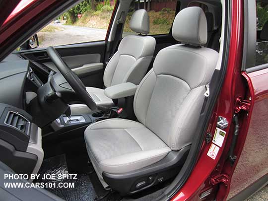 2018 and 2017 Subaru Forester Premium platinum gray cloth front driver and passenger seat. Venetian red car.