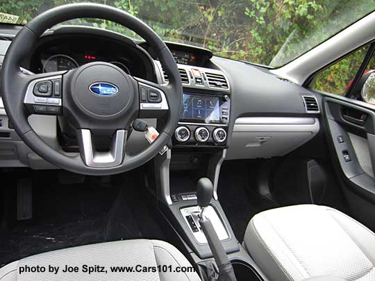 2018 and 2017 Subaru Forester Premium platinum gray interior. Silver dash and shift trim.