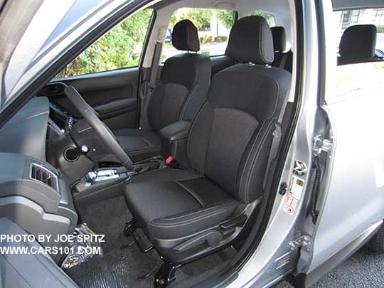2018 and 2017 Subaru Forester 2.5 base model black cloth front seats, ice silver car shown