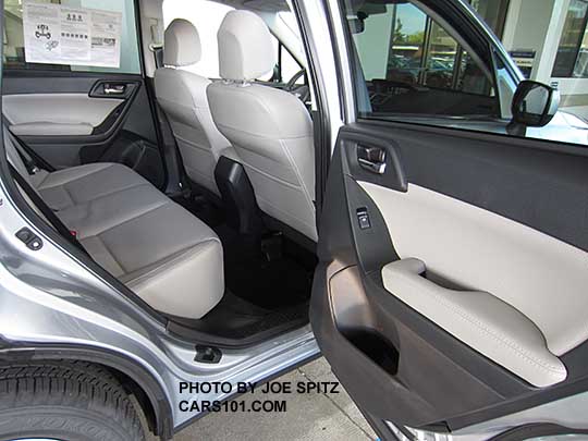 2018 and 2017 Subaru Forester Limited rear seats and door, platinum gray leather, 2 front seatback map pockets