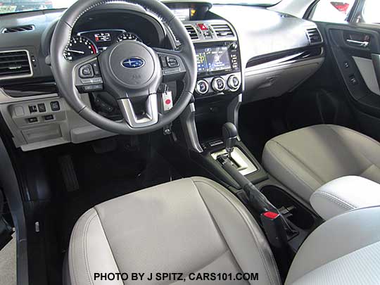 2017 Forester 2.5 Limited dash with silver shift and console storage trim, black dash trim. Platinum gray leather interior shown