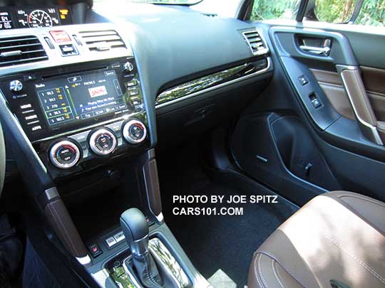 2018 and 2017 Subaru Forester 2.5 and 2.0XT Touring saddle brown leather trimmed interior with piano gloss black dash and shift trim, and leather console trim