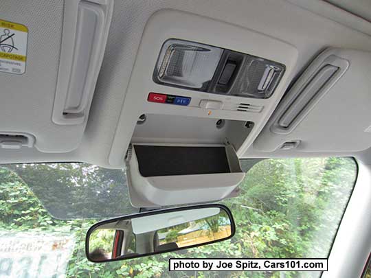 2017 Subaru Forester overhead console with Moonroof open/close, Starlink buttons, maps lights, Bluetooth mic, ambient lights, and Open sunglasses/garage door holder. Note the sunvisors with slide-out extension for side sun blocking